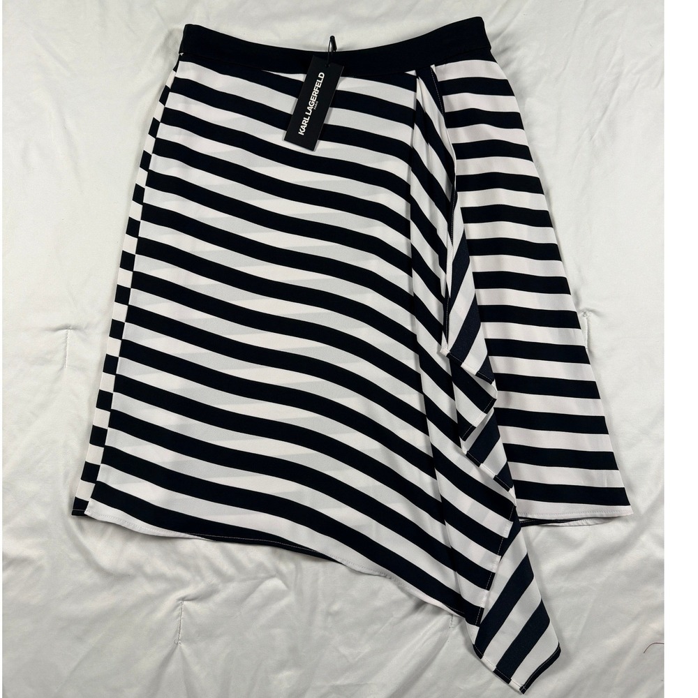 Karl Lagerfeld Paris Size 6 Skirt Black White Striped Asymmetrical Midi NWT